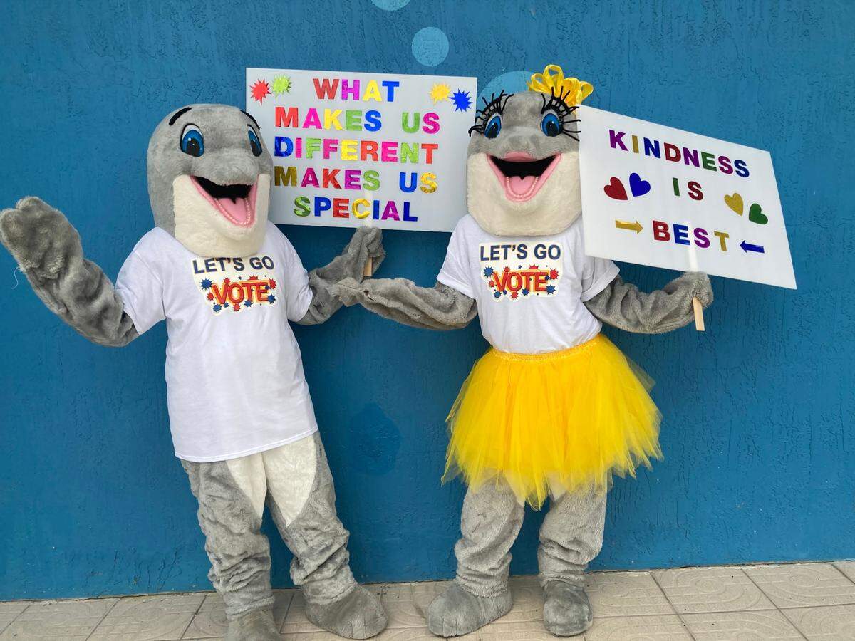 Ocaquatics Swim School mascots Sunny and Sol are helping children learn the importance of voting. 