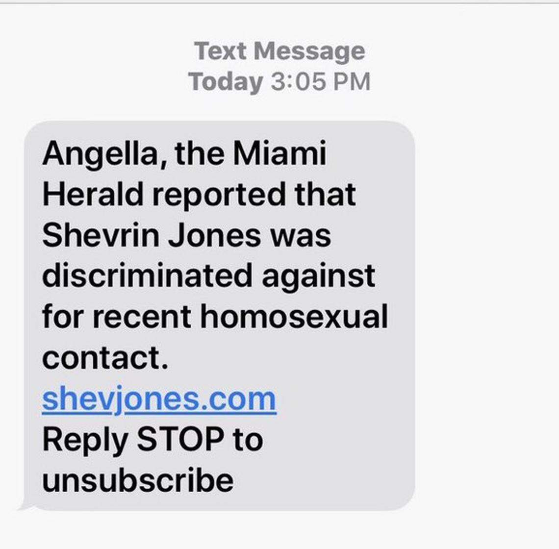 A text message was sent to voters across the district links to a website called “ShevJones.com,” where the Miami Herald article story about Rep. Shevrin Jones being turned away from donating blood is copied word-for-word.
