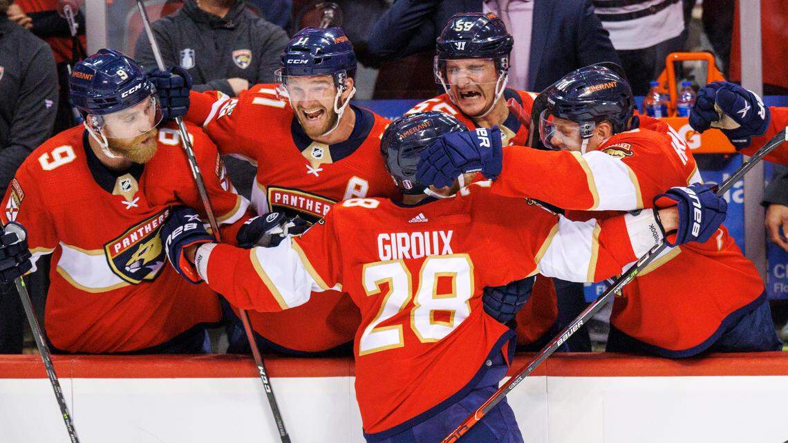 Florida Panthers right wing Claude Giroux (28) celebrate with teammates Sam Bennett (9) Jonathan Huberdeau (11) Noel Acciari (55) and Patric Hornqvist (70) after scoring a goal during the third period of Game 5 of a first round NHL Stanley Cup series against the Washington Capitals at FLA Live Arena on Wednesday, May 11, 2022 in Sunrise, Fl.