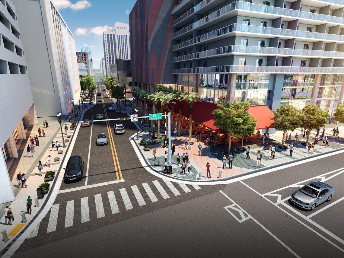 This artist’s rendering depicts the intersection of Biscayne Boulevard and Flagler Street according to a blueprint that will guide a two-year streetscape project that began this week.