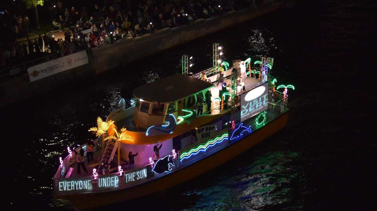 Visit Lauderdale’s boat in the 2024 Seminole Hard Rock Winterfest Boat Parade sails along the Intracoastal in Fort Lauderdale.