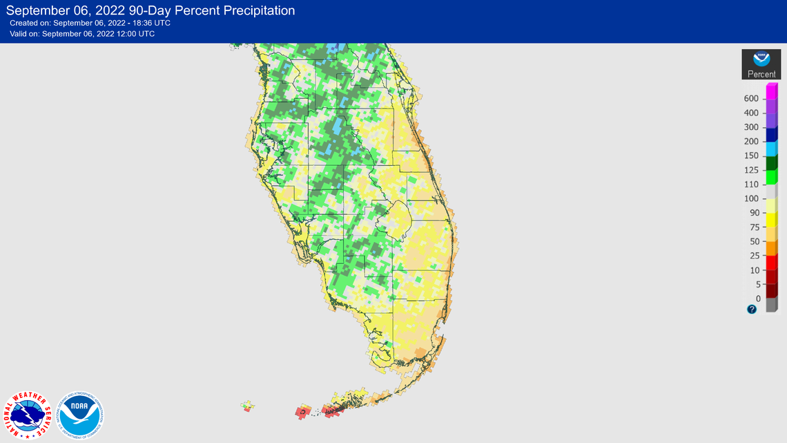 The National Weather Service’s Advanced Hyrdrologic Prediction Service map showing the last 90 days of precipitation dating back from Sept. 6, 2022. South Florida is below the norm for rainfall amounts so far in the summer of 2022 by at least 50%.