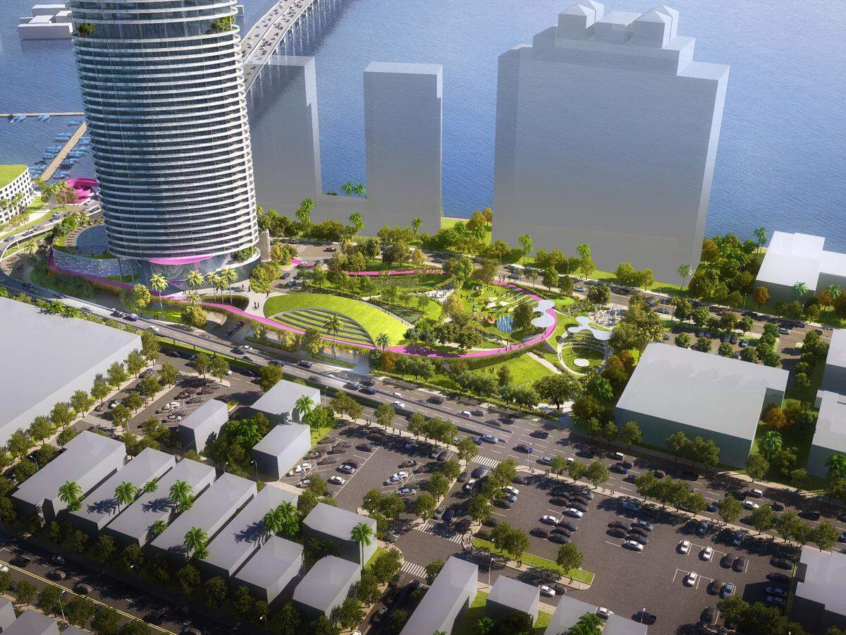 An aerial view of the high-rise and public park planned for the gateway to South Beach.