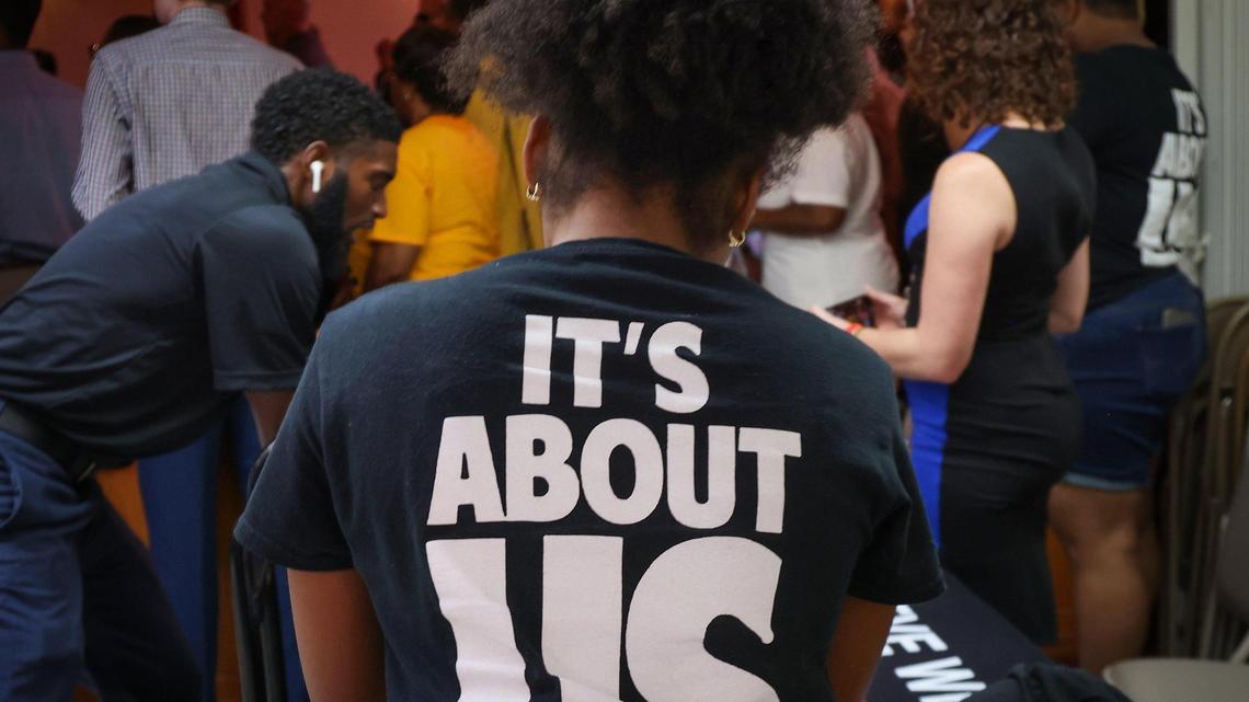 Civil rights groups from across the country assemble for a voting event in response to Gov. Ron DeSantis’ anti-woke legislation by handing out banned books, T-shirts and information at Mt. Olive Missionary Baptist Church on Thursday, June 22, 2023.
