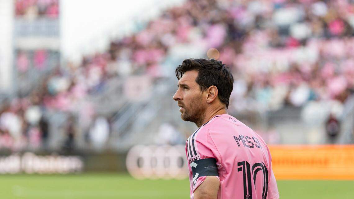 Inter Miami forward Lionel Messi (10) makes his way on the field before playing against the Columbus Crew in their MLS match at Chase Stadium on Saturday, May 31, 2025, in Fort Lauderdale, Fla.