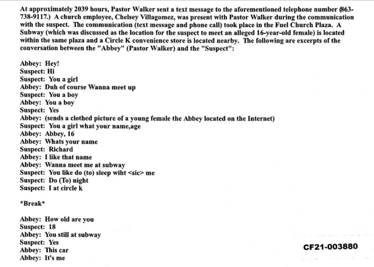 Transcript of the arrest affidavit on May 27, 2021 from the Polk County Sheriff’s Office in Winter Haven, Florida. The alleged conversation is between a pastor and a detective working together and communicating with a suspected child offender on May 26.