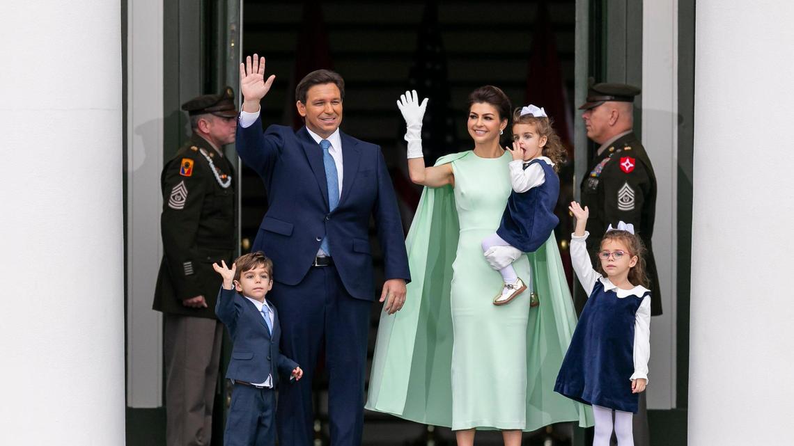 Florida Gov. Ron DeSantis and his family wave to the crowd during the inauguration ceremony at the historic Florida Capitol in Tallahassee on Jan. 3, 2023.
