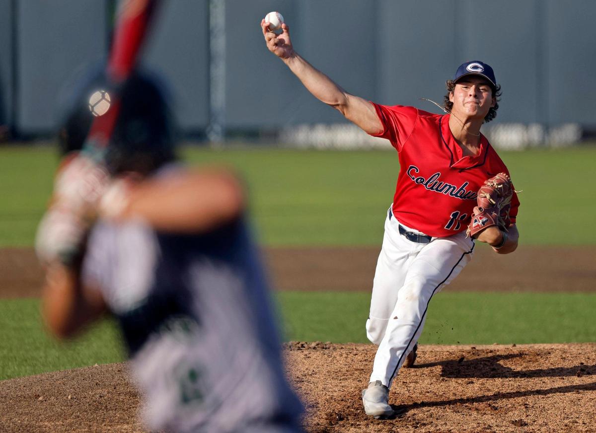 Columbus High’s Gabe Cruz (11) pitches during the game against Varela during the GMAC baseball championship game at Christopher Columbus High School in Miami, Fl on Thursday, April 20, 2023.