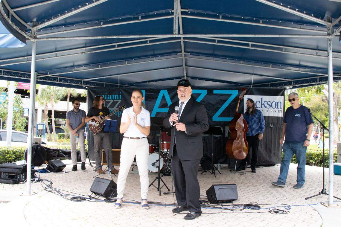 This 2024 photo shows Jackson Health CEO Carlos Migoya and Jackson Health Foundation CEO Flavia Llizo, then co-president and chief development officer, talking about the importance of the One Day for Jackson fundraising campaign during its kickoff event at Jackson Memorial Hospital’s Miami campus on Thursday, April 4, 2024.
