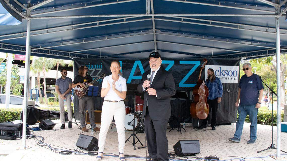 Flavia Llizo, co-president and chief development officer for the Jackson Health Foundation and Jackson Health CEO Carlos Migoya speak about the importance of the One Day for Jackson fundraising campaign during the kickoff event at Jackson Memorial Hospital’s Miami campus on Thursday, April 4, 2024.