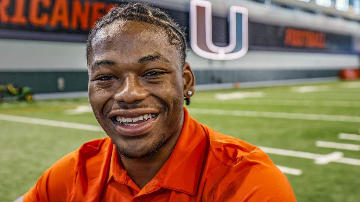 Miami Hurricanes running back Charmar Brown speaks to reporters during Media Day at the Carol Soffer Indoor Practice Facility in Coral Gables, Florida, on Wednesday, July 30, 2025.