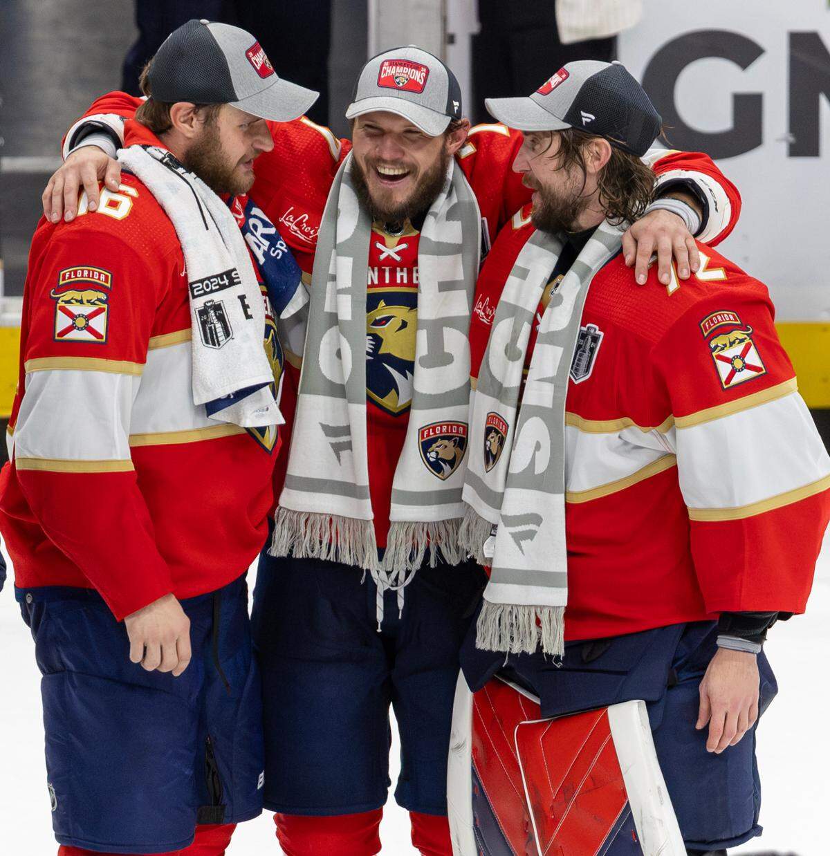 Florida Panthers players Aleksander Barkov (16) Dmitry Kulikov (7) and Sergei Bobrovsky (72) celebrates after the Panthers defeated the Edmonton Oilers in Game 7 of the NHL Stanley Cup Final at the Amerant Bank Arena on Monday, June 24, 2024, in Sunrise, Fla.