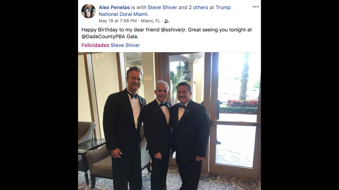 Steve Shiver, right, with his onetime sponsor, former Miami-Dade Mayor Alex Penelas. Penelas is running for mayor again. They socialized at a Police Benevolent Association event.