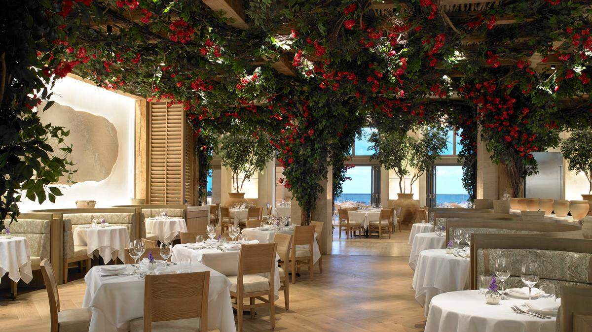 The dining room of the new Greek restaurant Avra Miami at The Estates at Acqualina in Sunny Isles Beach.