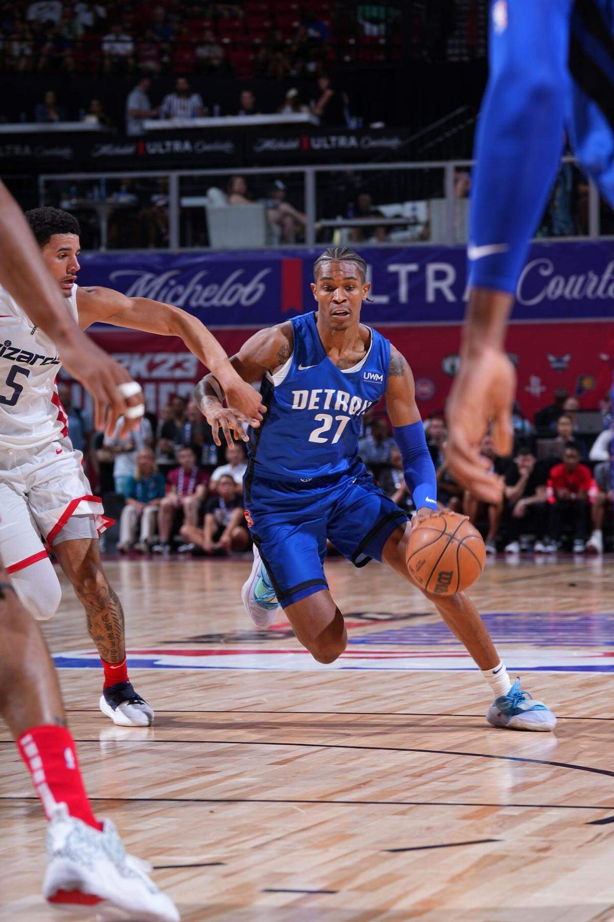 Former University of MIami guard Kameron McGusty in action with the Detroit Pistons in the NBA Summer League in Las Vegas on July 9, 2022.