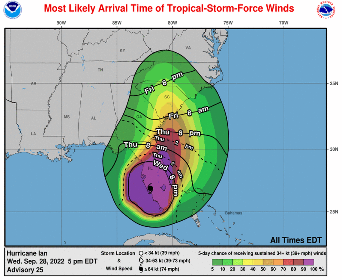 Hurricane Ian’s tropical storm-force winds are forecast to reach most of Florida by Wednesday night.
