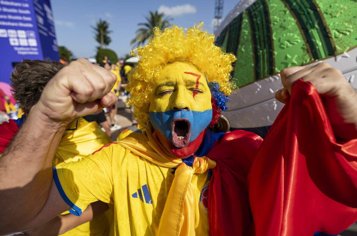 Colombia fan Andres Lopez reacts as he arrives to watch his team play against Portugal in their World Cup Group K soccer match at Hard Rock Stadium (Miami Stadium) on Saturday, June 27, 2026, in Miami Gardens, Fla.