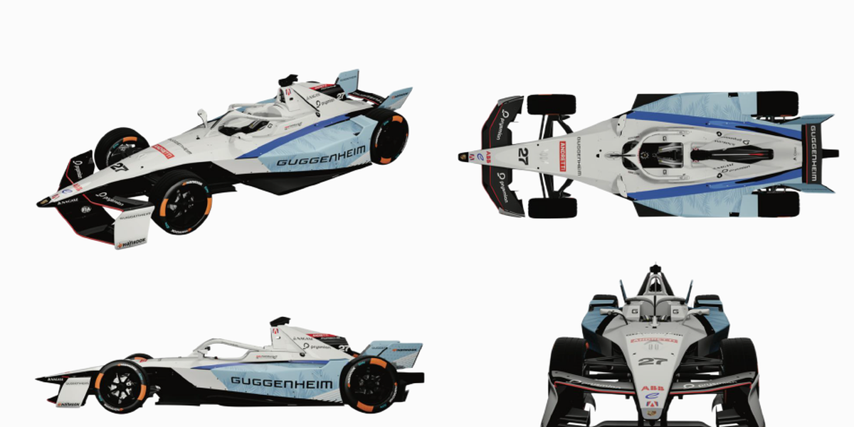 Jake Dennis’ car shows the Miami E-Prix livery of the Andretti Formula E team. Fan voting selected this “Ocean Drive” design.