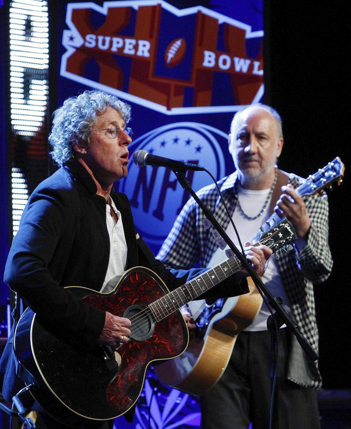 Roger Daltrey, left, and Pete Townshend of The Who perform during a press conference at the Super Bowl XLIV media center on Feb. 4, 2010, in Fort Lauderdale. The band performed during halftime at the Super Bowl the last time the game was in the Miami area.