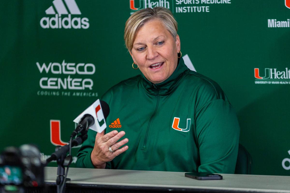 Miami Hurricanes Women’s Basketball Head Coach Tricia Cullop speaks to the press during media availability at Watsco Center on Thursday, September 26, 2024, in Coral Gables, Fla.