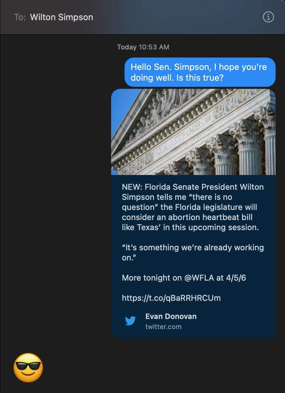 This is a screen shot of the text message exchange Florida Senate President Wilton Simpson had with a reporter who asked about abortion legislation. Simpson’s response was an emoji.