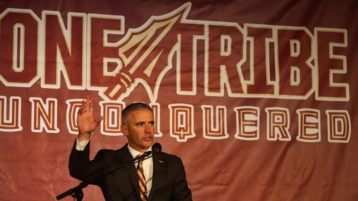 Florida State head football coach Mike Norvell speaks at a press conference Sunday, Dec. 8, 2019, in Tallahassee, Fla. Norvell is Florida State’s new coach, taking over a Seminoles program that has struggled while he was helping to build Memphis into a Group of Five power.
