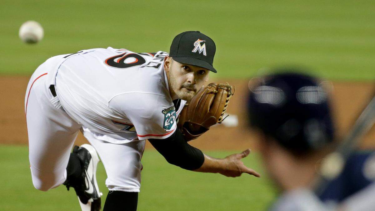 Marlins pitcher Pablo Lopez pitches in the first inning of the Miami Marlins vs Milwaukee Brewers game at Marlins Park  Wednesday, July 10, 2018.