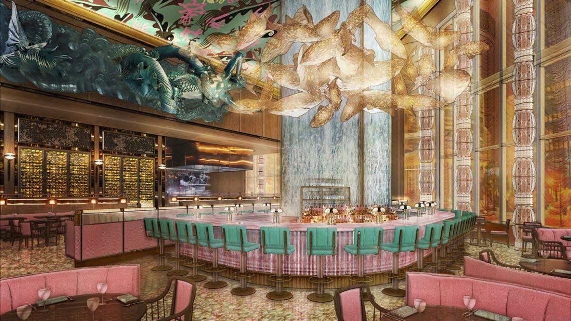 Esta representación muestra el interior de Sexy Fish Miami, con su instalación de peces de Frank Gehry sobre la barra.