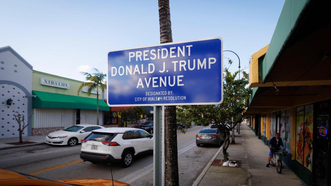 The sign “President Donald J. Trump Avenue” sits on Palm Avenue during the day on Monday, Nov. 25, 2024, after its designation in Hialeah. Miami-Dade County commissioners approved the name change on Dec. 3, 2024.
