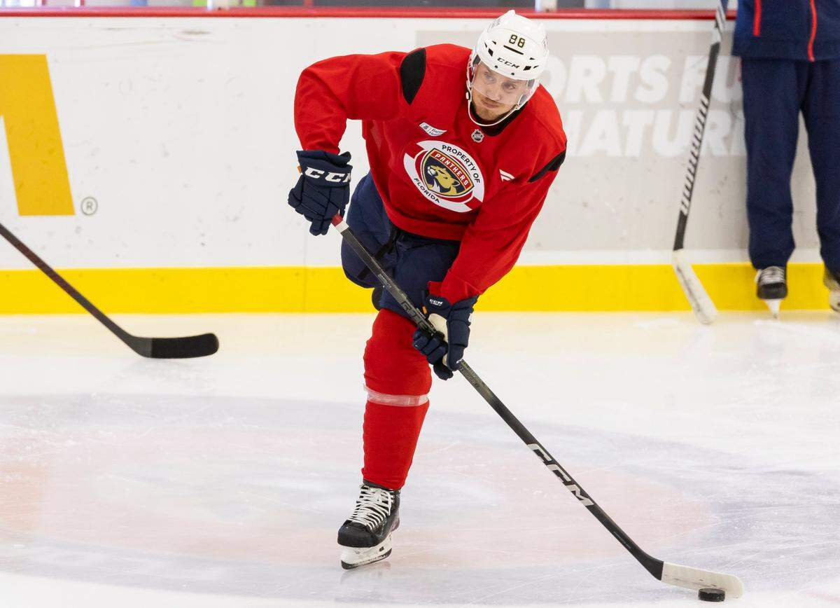 Florida Panthers defenseman Nate Schmidt (88) shoots the puck during training camp at the Baptist Health IcePlex on Thursday, Sept. 19, 2024, in Fort Lauderdale, Fla.
