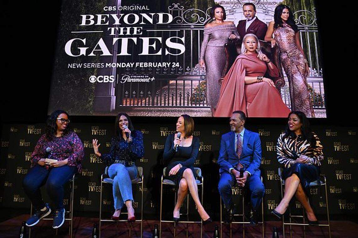 ATLANTA, GEORGIA - FEBRUARY 05: (L-R) Karla Mosley, Daphnée Duplai, Clifton Davis and Sheila Ducksworth speak onstage at "Beyond The Gates" Q&A during the 13th SCAD TVfest on February 05, 2025 in Atlanta, Georgia.  (Photo by Bryan Bedder/Getty Images for SCAD)