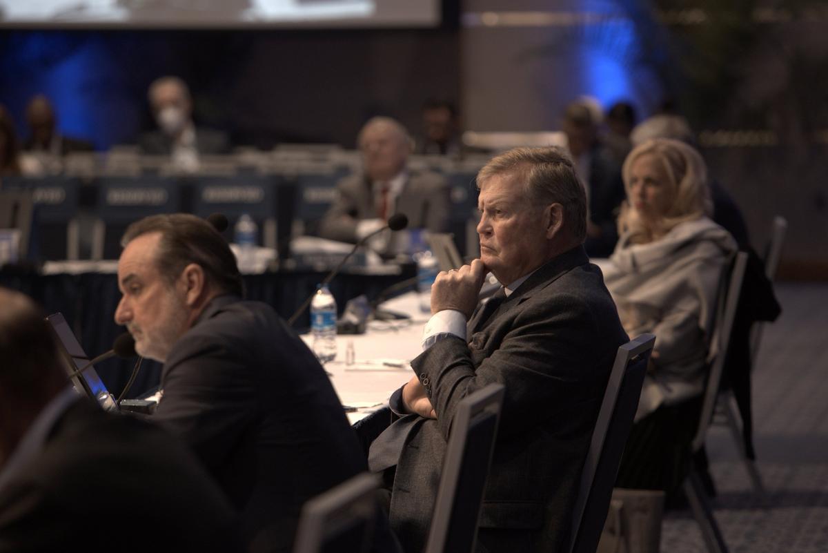 Chairman of the Board of Trustees Dean C. Colson, second from right, listens to other board members during an FIU Board of Trustees meeting held at the FIU Modesto A. Maidique Campus in Miami on March 3, 2022.