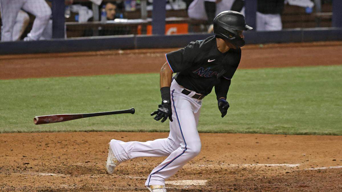 Miami Marlins left fielder Magneuris Sierra (34) grounds out during the eighth inning of their baseball game against the Atlanta Braves at loanDepot park on Friday, June 11, 2021 in Miami, Florida.