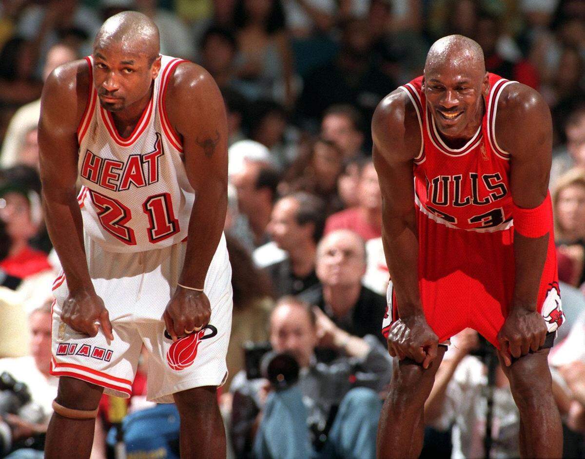 Miami Heat vs Chicago Bulls at Miami Arena: Voshon Lenard and Michael Jordan on May 24, 1997..