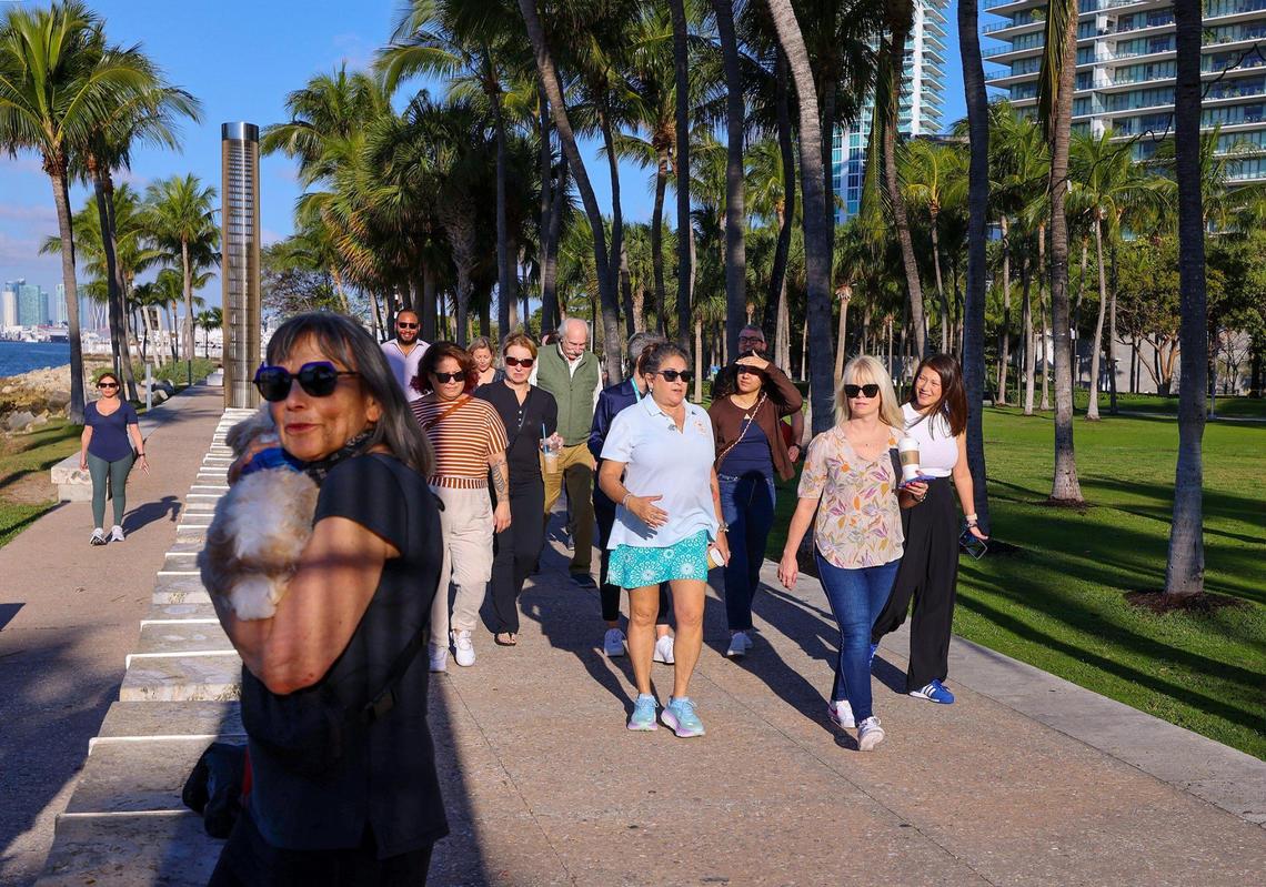 Miami Beach Vice Mayor Tanya Bhatt, center, tours South Pointe Park while city officials hosted a tour for Blue Zones experts, showcasing parks, schools, and recreational areas to assess the city’s strengths, weaknesses, opportunities, and challenges on Wednesday, February 5, 2025 in Miami Beach, Florida.