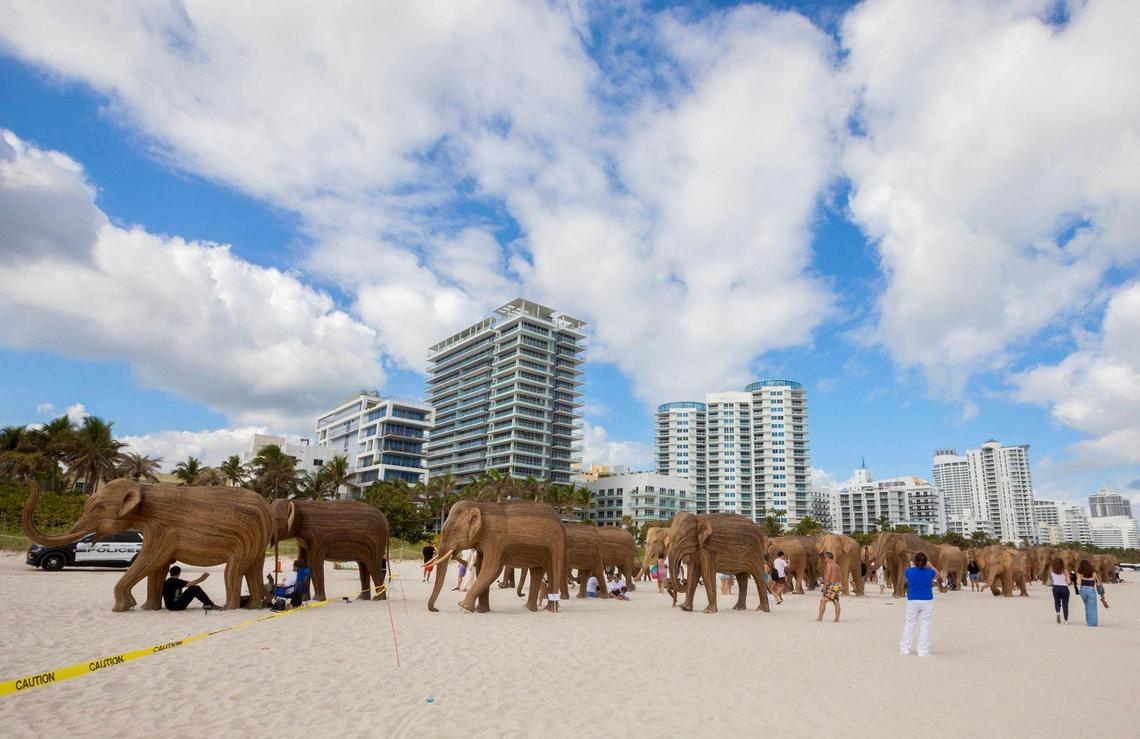 A view of The Great Elephant Migration, life-sized elephants created by The Real Elephant Collective, a collaborative effort involving 200 indigenous artisans from India.