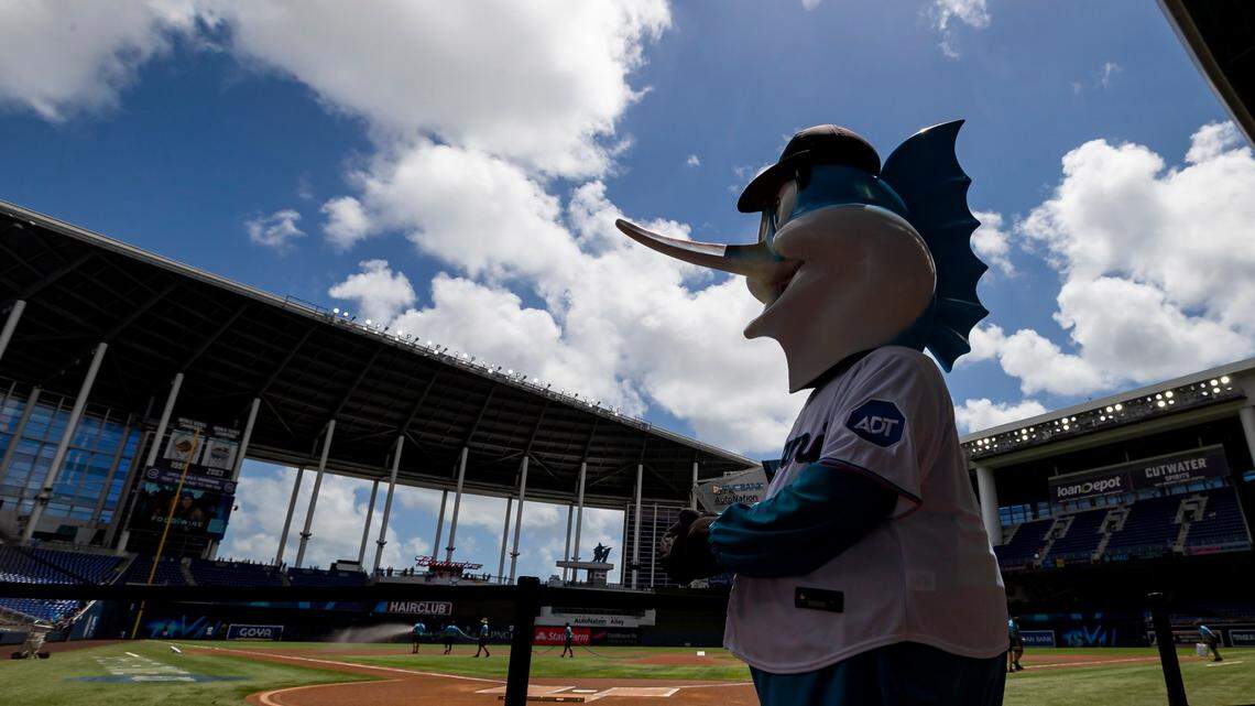 Billy the Marlin is seen on the field before the start of an MLB game between the Miami Marlins and the Minnesota Twins at loanDepot park on Wednesday, April 5, 2023, in Miami, Fla.