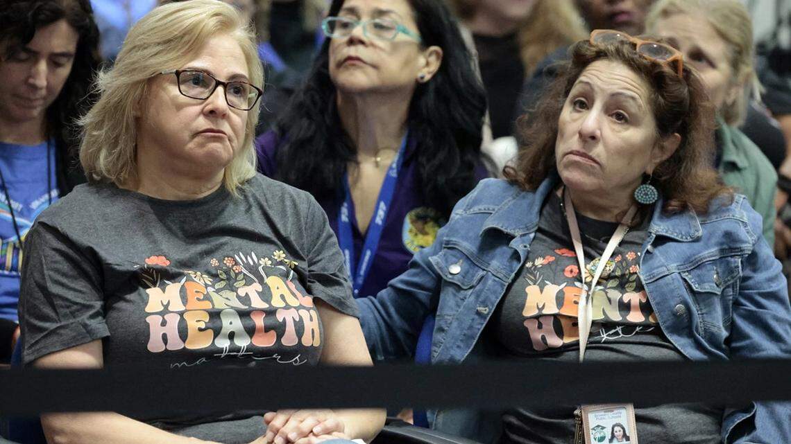 Audience members react to public comments about proposed job cuts during a Broward County School Board workshop in Fort Lauderdale on Tuesday, April 21, 2026.