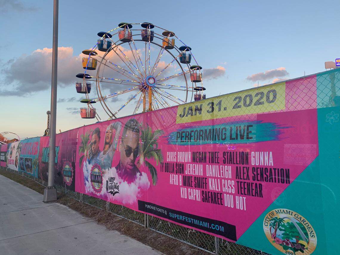 A banner outside SuperFest in Miami Gardens on January 28, 2020. Artists including Cardi B and Migos will perform this weekend.