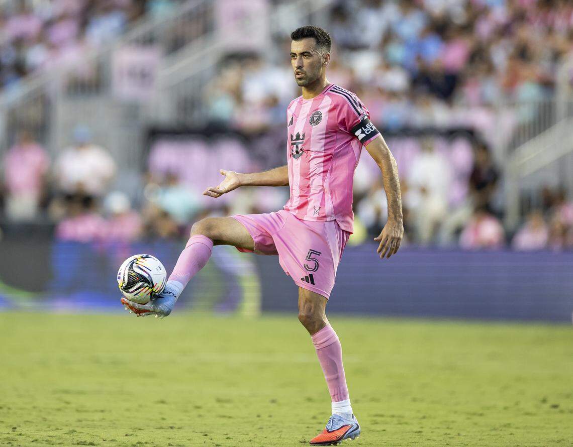 Inter Miami CF midfielder Sergio Busquets (5) controls the ball as he looks to pass against Necaxa in the first half of their Leagues Cup Phase One soccer match at Chase Stadium on Saturday, Aug. 2, 2025, in Fort Lauderdale, Fla.