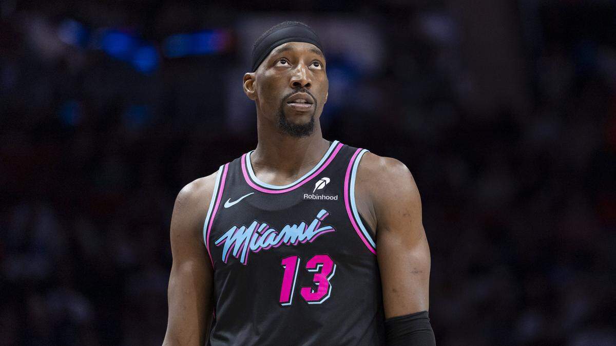 Miami Heat center Bam Adebayo (13) looks on after a play against the Orlando Magic in the first half of their NBA game at Kaseya Center on March 14, 2026, in Miami.