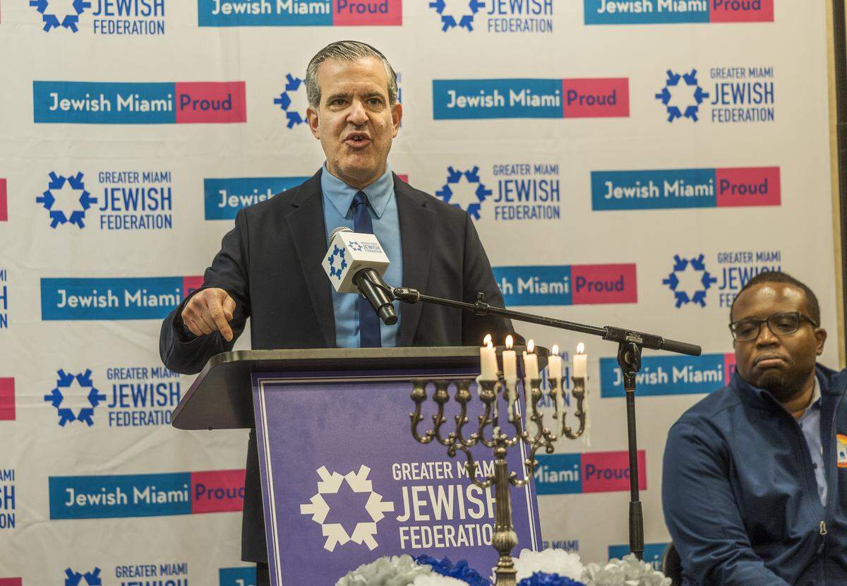 Miami Beach Mayor Steven Meiner speaks at an annual press conference held at the Greater Miami Jewish Federation to denounce antisemitism. 