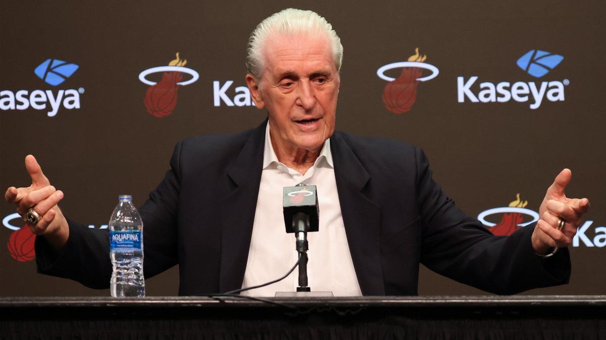 Heat president Pat Riley responds to a question regarding Jimmy Butler’s extension during his end of the season press conference at Kaseya Center in Miami on May 6, 2024.