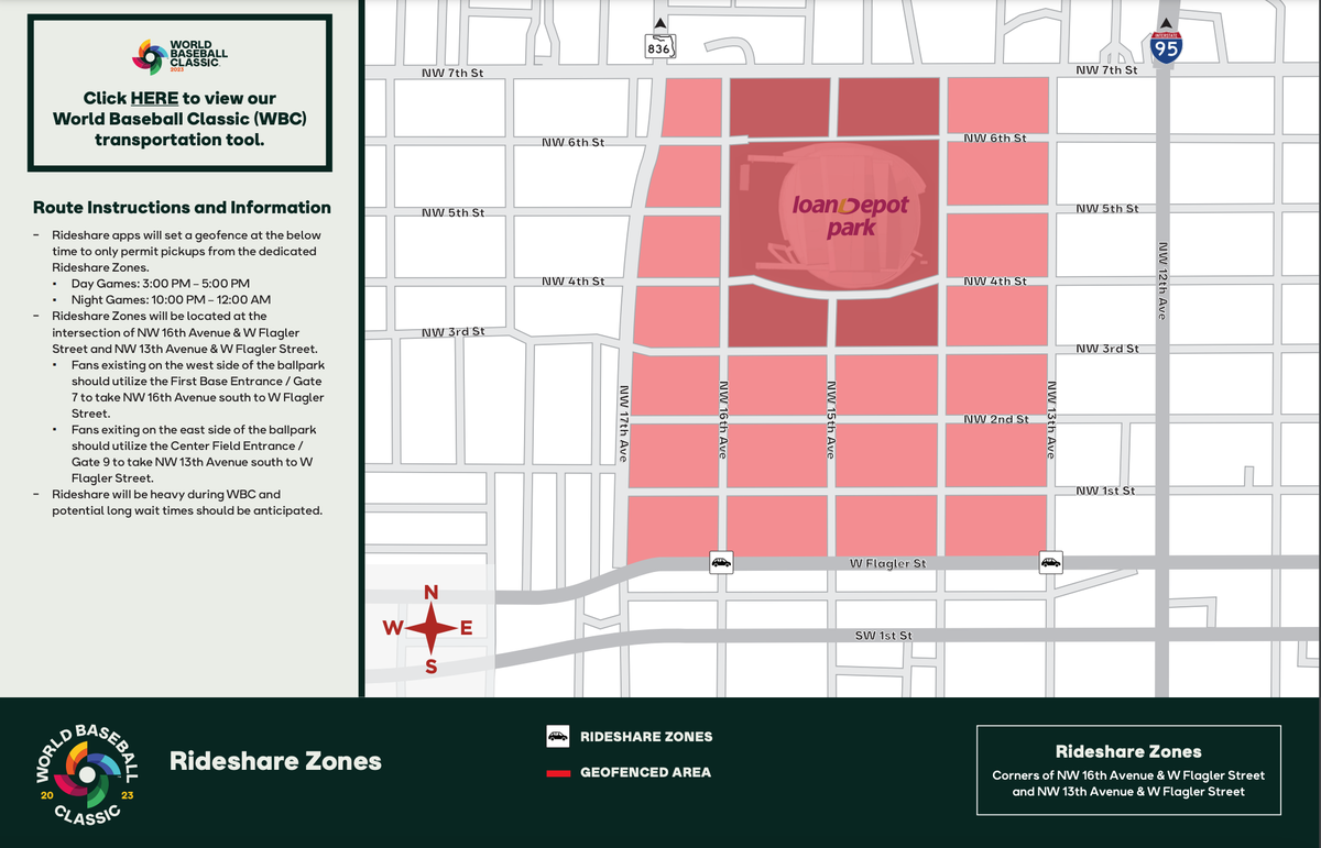A map showing where rideshare pick-ups will take place during the World Baseball Classic.