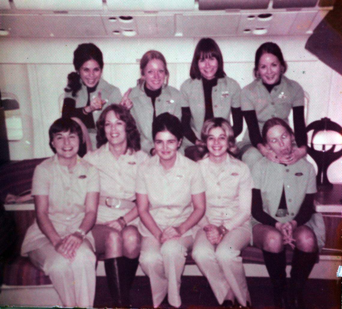 10/24/07 - Photo courtesy of Beverly Raposa - Sunrise - Dec. 29, 1972 photo (taken the morning before the flight) of Flight 401 Eastern Airlines flight attendants, top row, from left: Mercy Ruiz, Sue Tebbs, Adrianne Hamilton, and Trudy Smith. Bottom row, from left: Dottie Warnock, Patricia Ghysells (died), Beverly Raposa, Patty George, and Stephanie Stanich (died). Raposa was among 75 who survived the Dec. 29, 1972, crash in the Everglades. The flight claimed 101 lives. For story on the 35th anniversary of the crash.