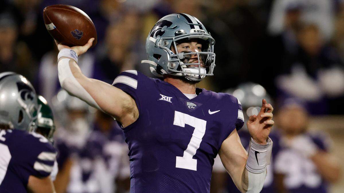 Kansas State quarterback Skylar Thompson during an NCAA college football game on Saturday, Nov. 20, 2021 in Manhattan, Kan. (AP Photo/Colin E. Braley)