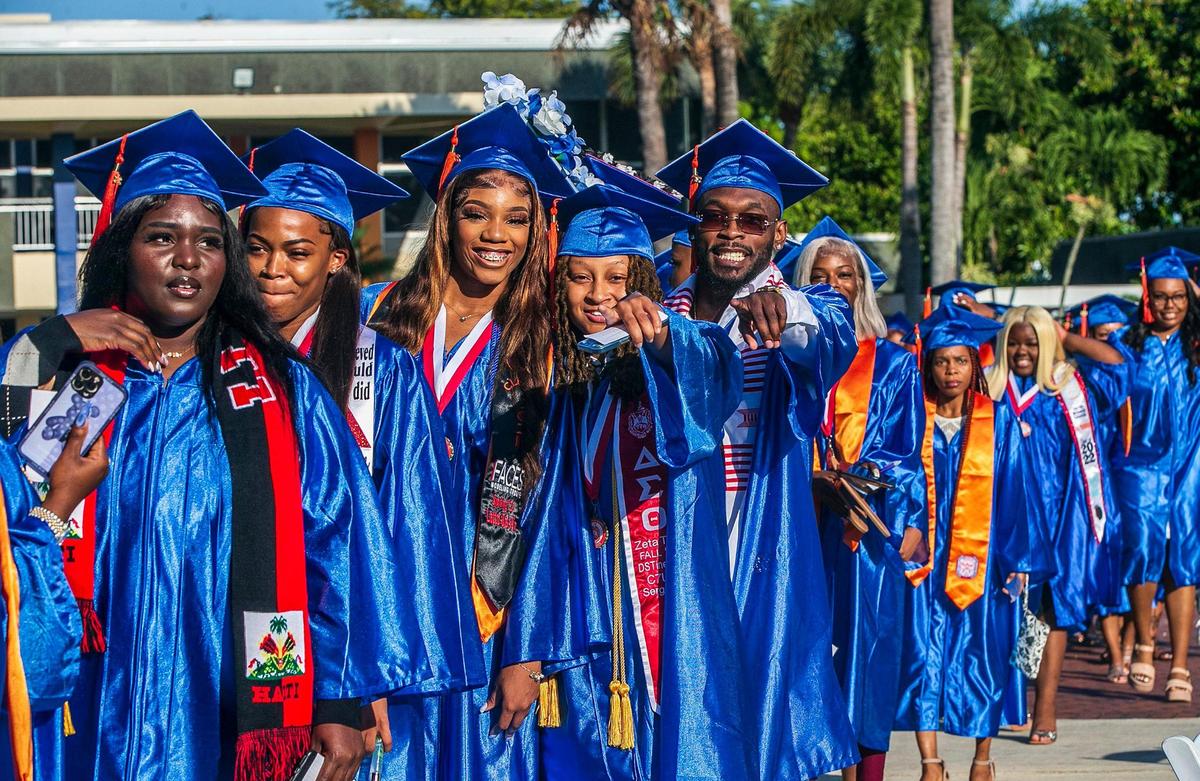 Students celebrate during the Spring 2022 Commencement ceremony at Florida Memorial University in Miami Gardens, on Saturday May 14, 2022.