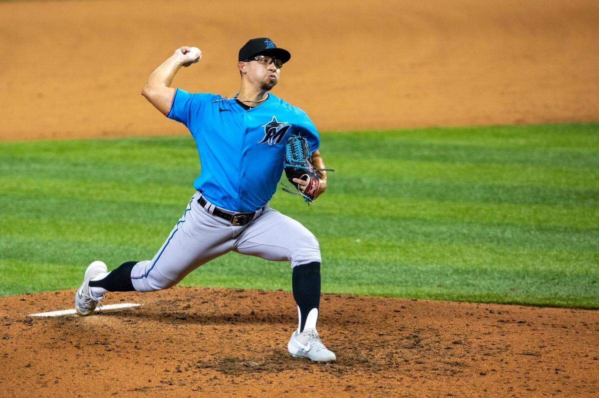 Marlins pitcher Robert Dugger (64) pitches the ball during a intra squad simulated game at Marlins Park in Miami, Florida on Saturday, July 18, 2020.