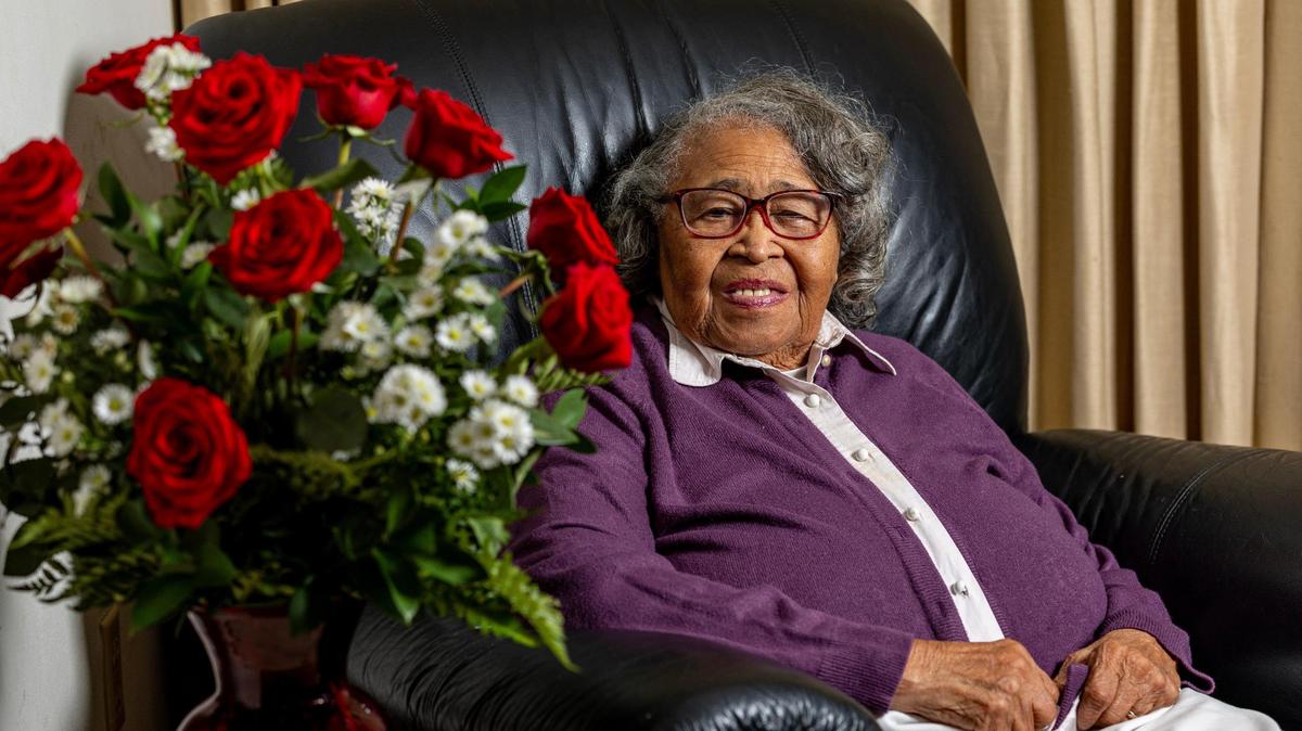 Activist and educator Nancy Dawkins strikes a pose at her home in Miami, Florida, on Friday October 13, 2023. Dawkins celebrated her 100th birthday on October 11, 2023.