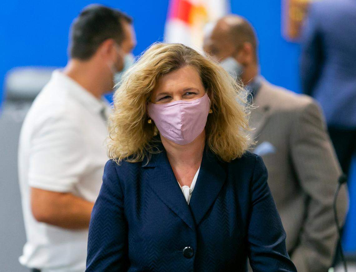 Broward County Public Schools Interim Superintendent Vickie Cartwright attends a School Board meeting in Fort Lauderdale on Wednesday, July 28, 2021. Cartwright and the School Board have remained steadfast against the state in defending the district’s mask mandate for students and staff.